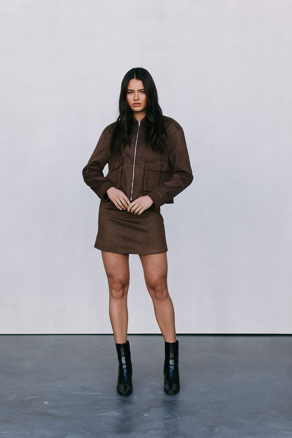 Jetta Mini Skirt - Chocolate Brown Suede Look