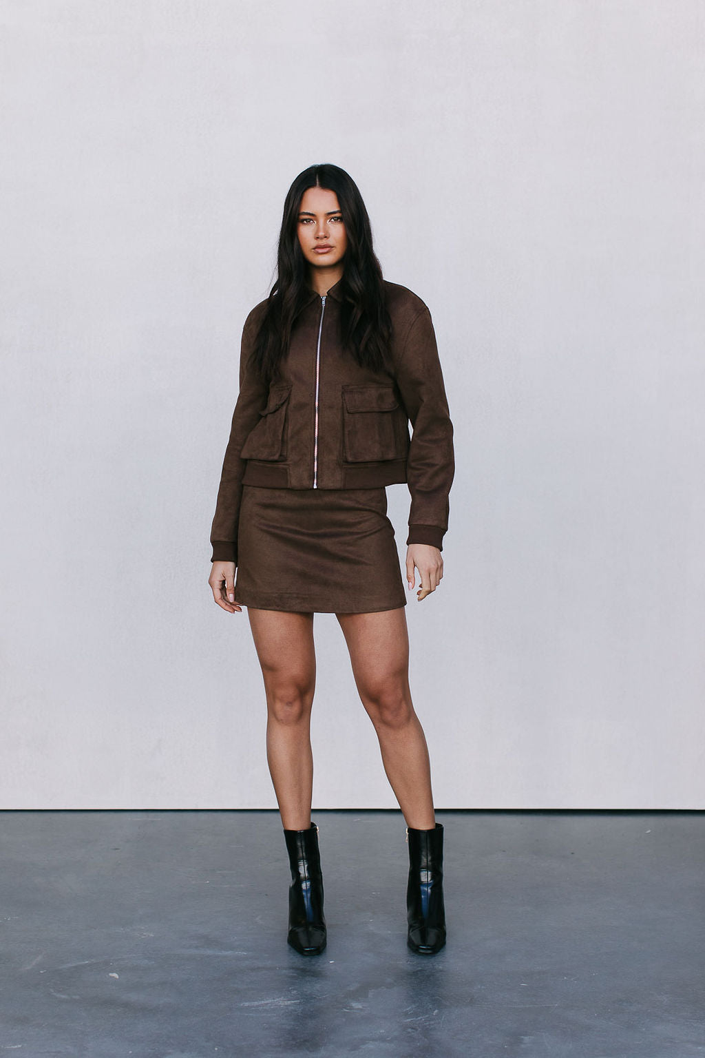 Jetta Mini Skirt - Chocolate Brown Suede Look