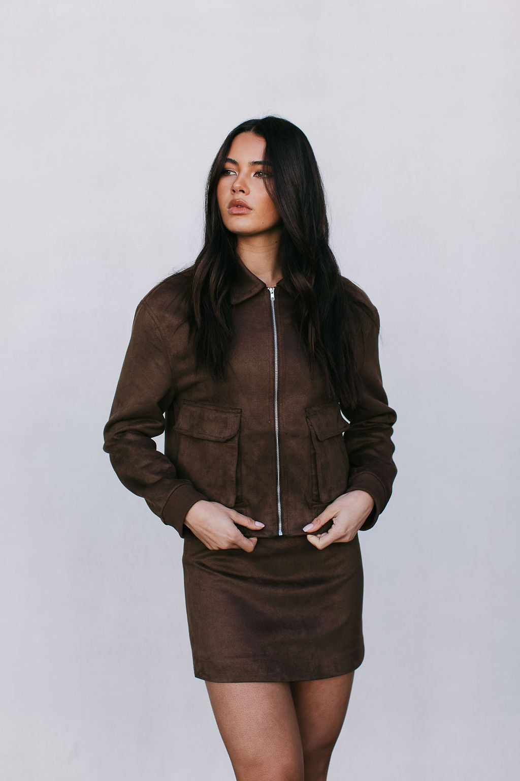 Jetta Mini Skirt - Chocolate Brown Suede Look