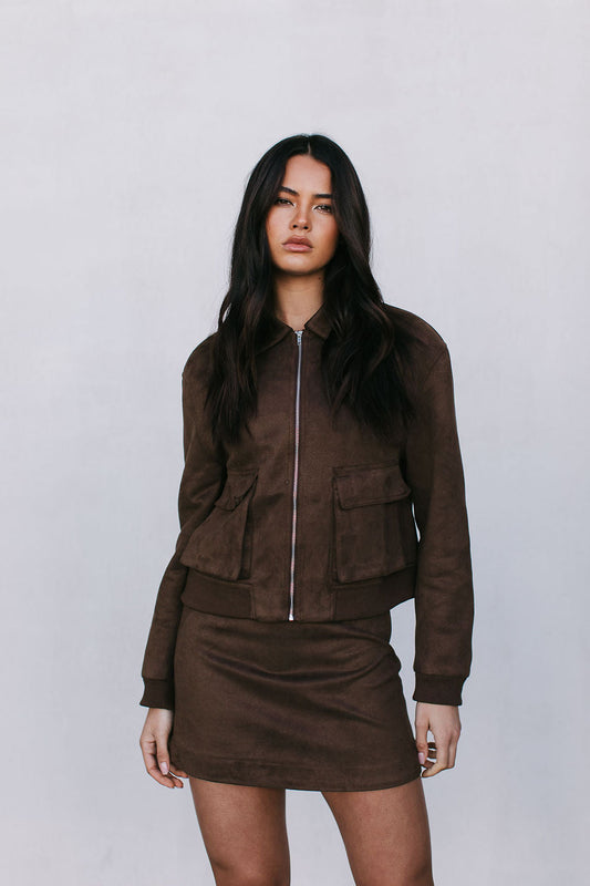 Jetta Mini Skirt - Chocolate Brown Suede Look