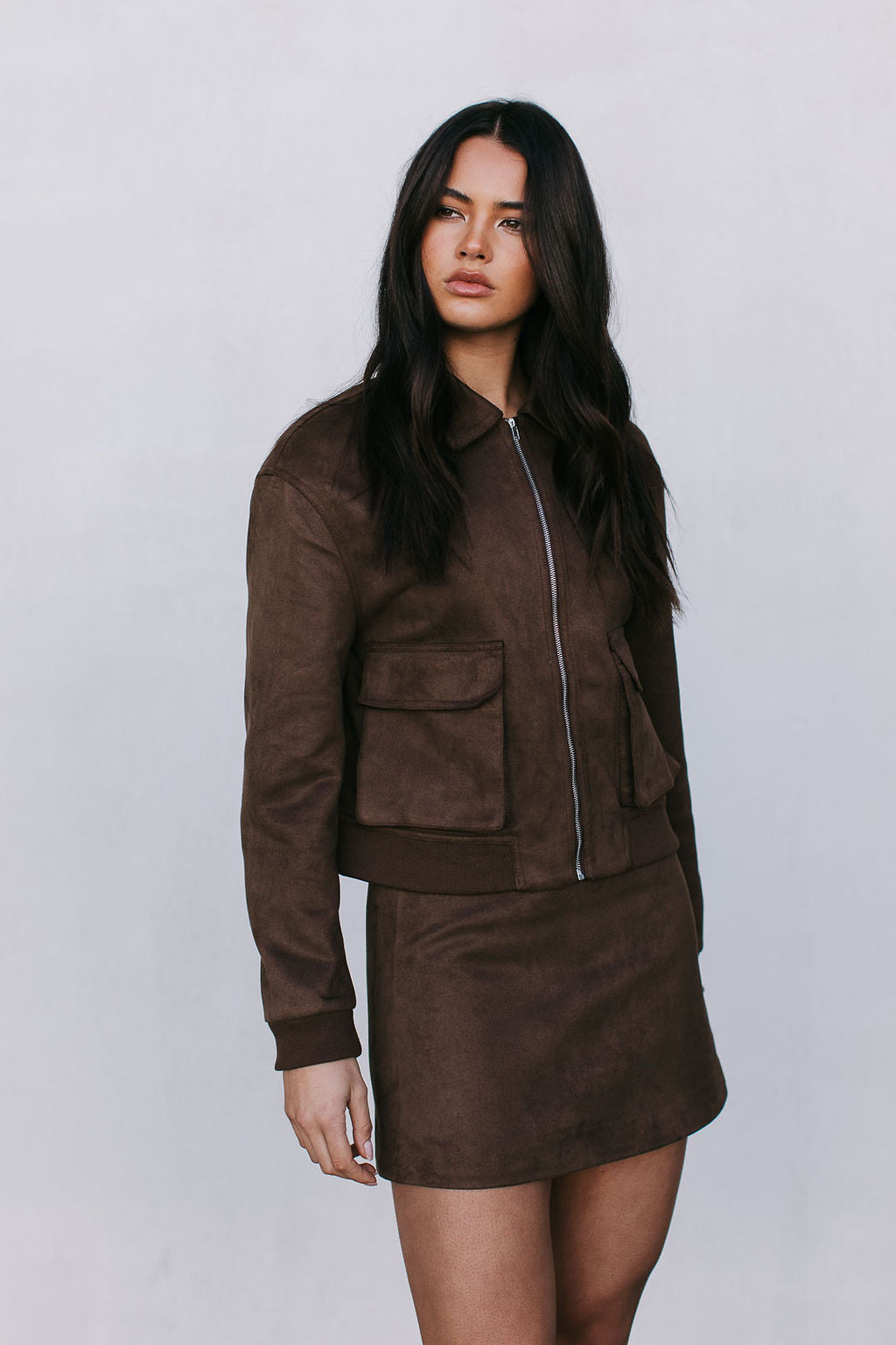 Jetta Mini Skirt - Chocolate Brown Suede Look