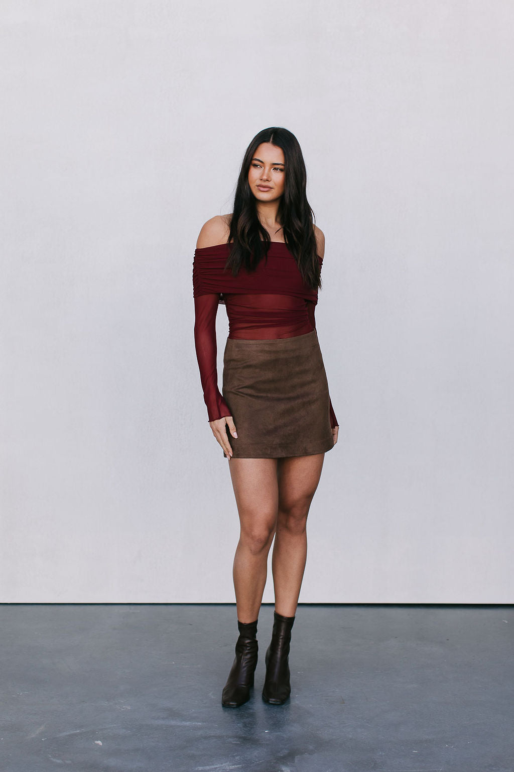 Jetta Mini Skirt - Chocolate Brown Suede Look