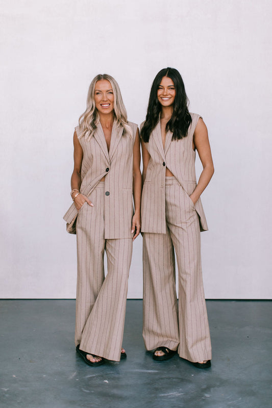 Josie Blazer Vest - Beige / Brown Pinstripe