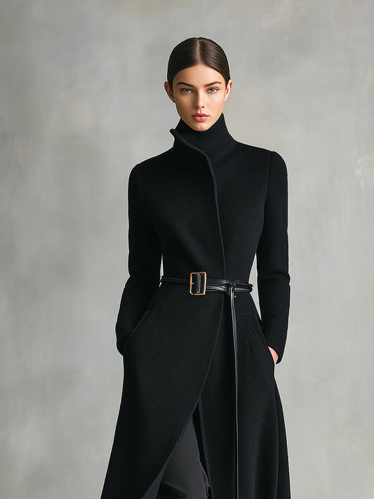 Women's Black Elegant Wool - Blend Turtleneck Belted Maxi Coat MDA2807H5I