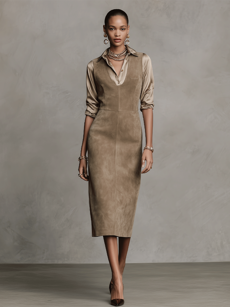Women's Taupe Suede Vest Dress And Satin Shirt Two-Piece Set MDA0230I7I