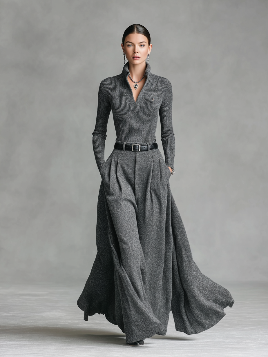 Women's Fashion Tight Knit Top Woolen Skirt Set(Without Belt)MDA0710H9Y