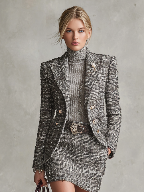 Women's Plaid Tweed Blended Blazer And Mini Skirt Set (Belt Not Included) MDA2728H8Y