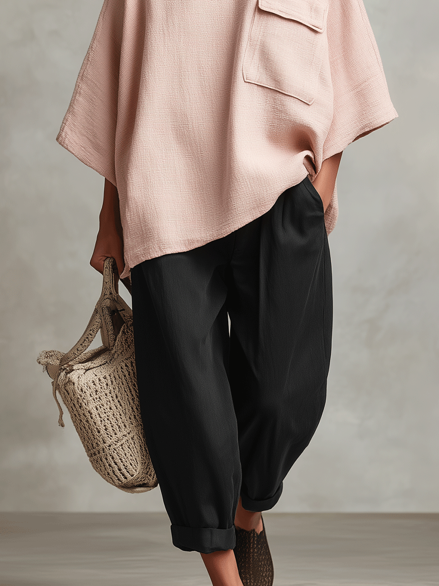 Women's Pink Bohemian Linen Blend Tie Pocket Straight-Leg Two-Piece Suit MDA0414I7I
