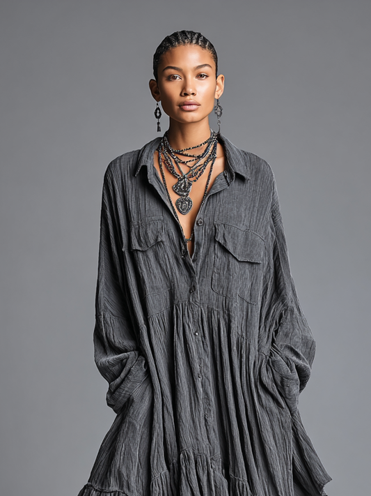 Women's Cotton And Linen Blend Loose Washed Shirt Maxi Dress MDA0486H7Y