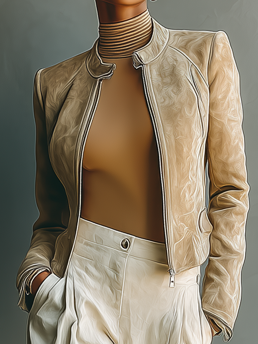 Women's Beige Suede Zip-Front Jacket MDA2799H0T