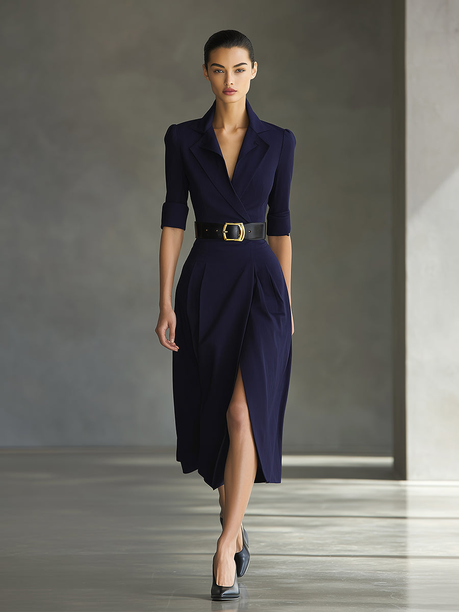 Women's Navy Classic Crepe Wrap Slit Midi Dress MDA0903I8I