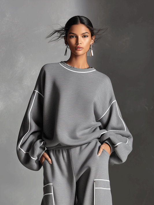 Women's Grey Modern Jersey Contrast - Piping Loungewear Set MDA0295I5I