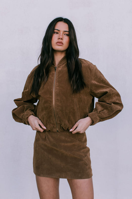 Diego Bomber Jacket - Tan Suede Look