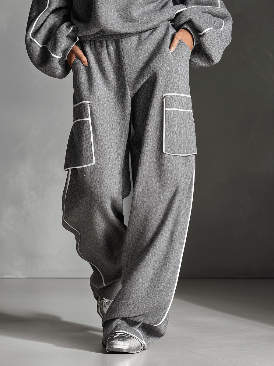 Women's Grey Modern Jersey Contrast - Piping Loungewear Set MDA0295I5I