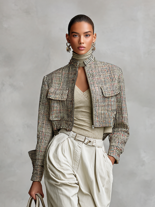 Women's Fashion Plaid Cropped Stand Collar Zipper Jacket MDA2520H4Y