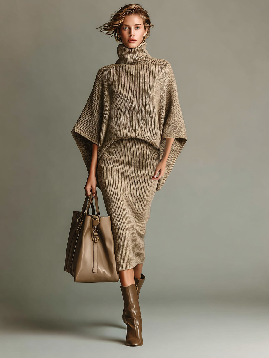 Women's Ribbed Knit Turtleneck Cape Sleeve Sweater Pencil Skirt Set MDA0518I9Y