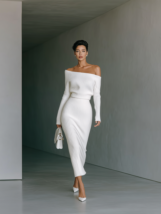 Women's White Knit Off-the-Shoulder Top and Skirt Set MDA0589I2T