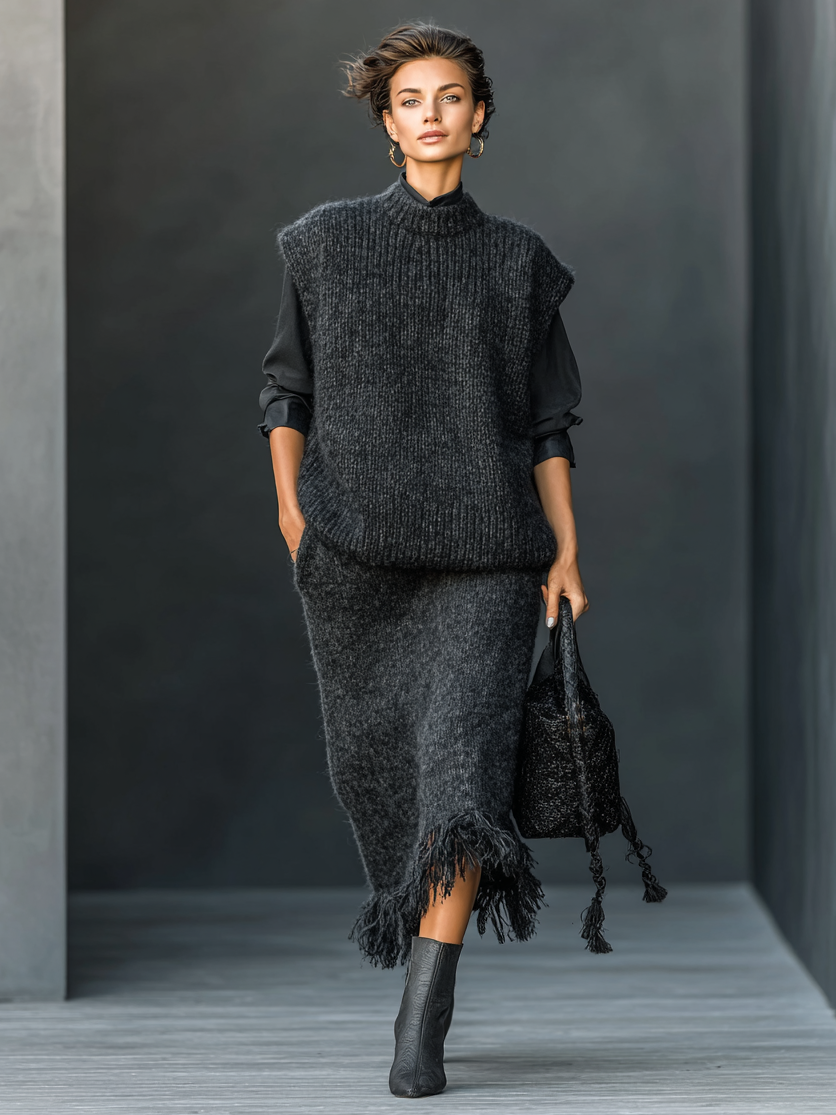 Women's Minimalist Round Neck Knitted Tank Skirt Tassel Hem Set (Without Shirt)MDA0546I9Y