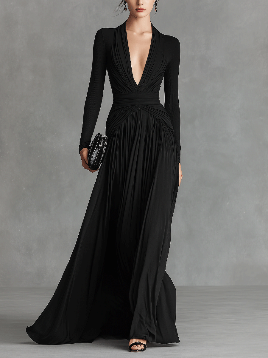 Women's Black Modern Flowy Crepe Plunging - V Maxi Gown MDA0416I2I