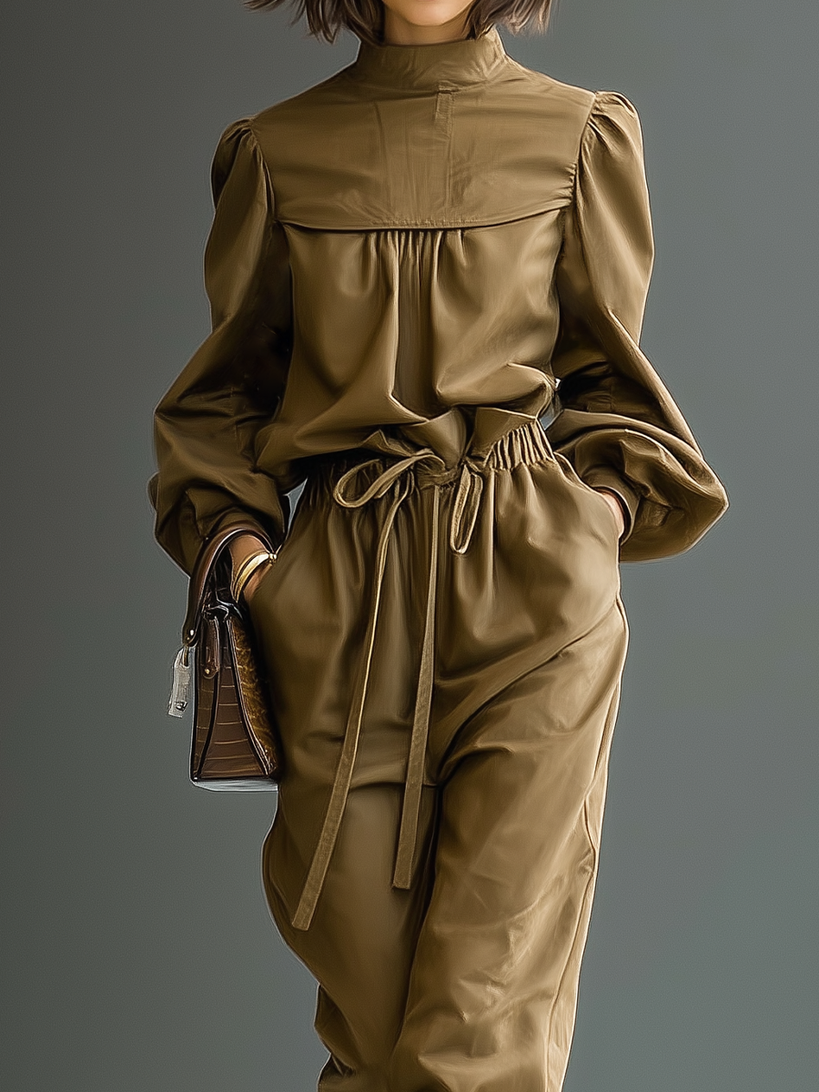 Women's Dark Khaki Top And Trousers Set MDA0469I2T