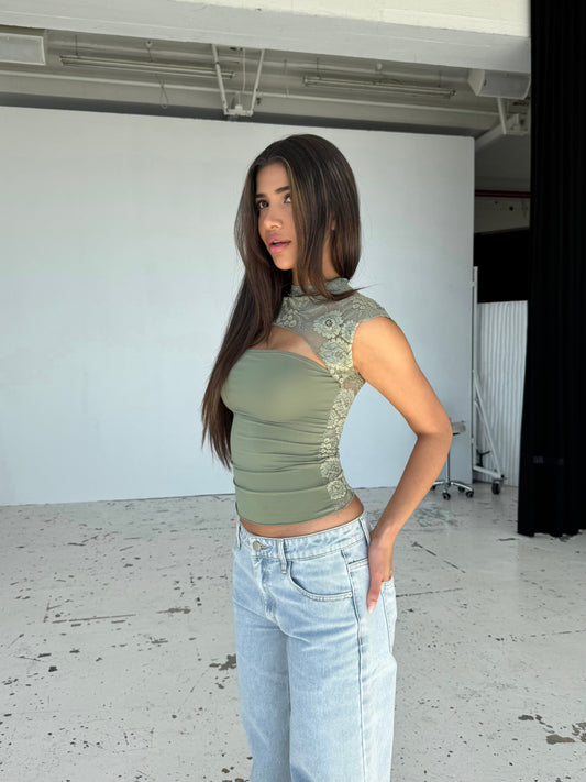 Lara lace top - sage green