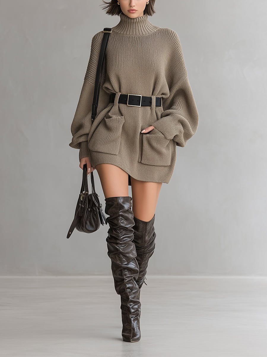 Women's Lazy Style High Collar Waist Sweater Dress MDA1012I3A