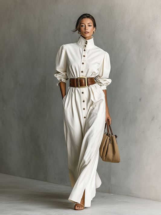 Women's Off-white Cotton Stand-up Collar Simple Casual Maxi Dress MDA0813I5T