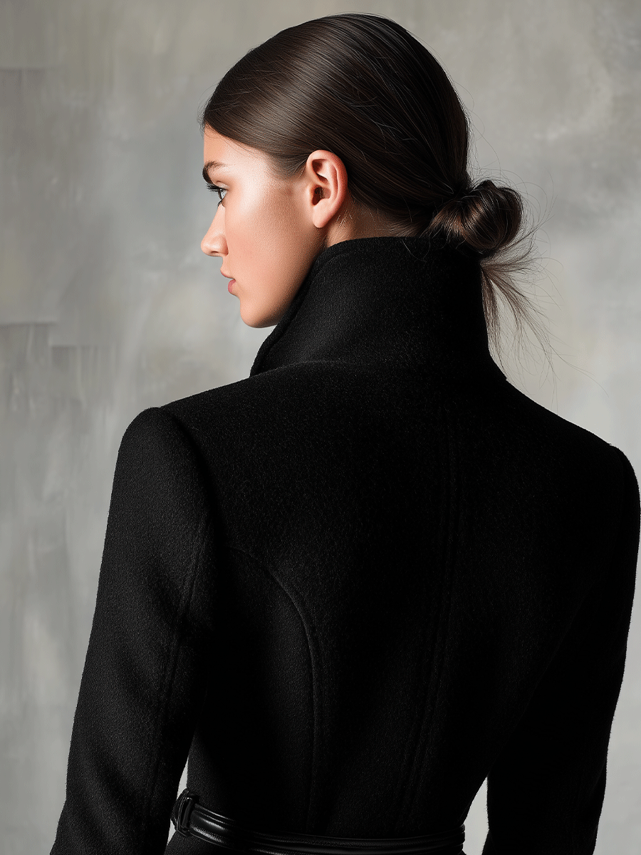 Women's Black Elegant Wool - Blend Turtleneck Belted Maxi Coat MDA2807H5I