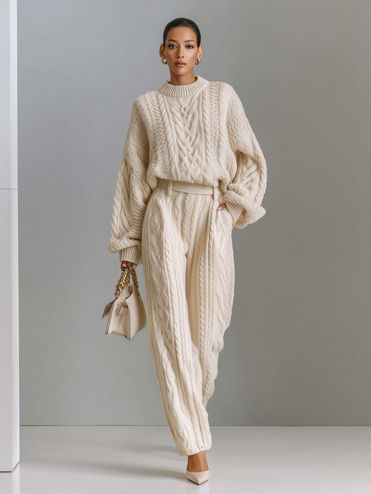Women's Beige Sweater And Wide-leg Pants Set MDA2749H0T