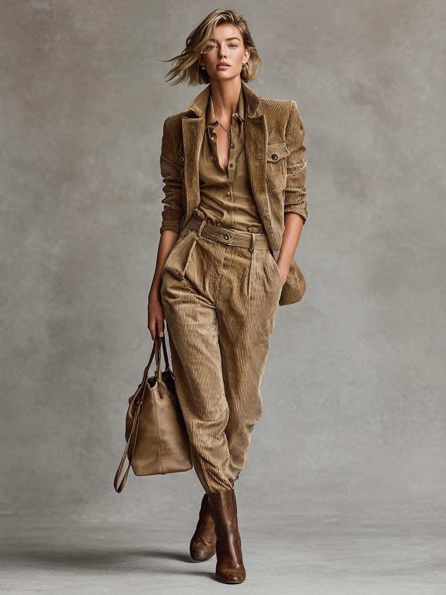 Women's Loose Corduroy Single-Breasted Blazer Straight-Leg Pants Set MDA2794H0Y