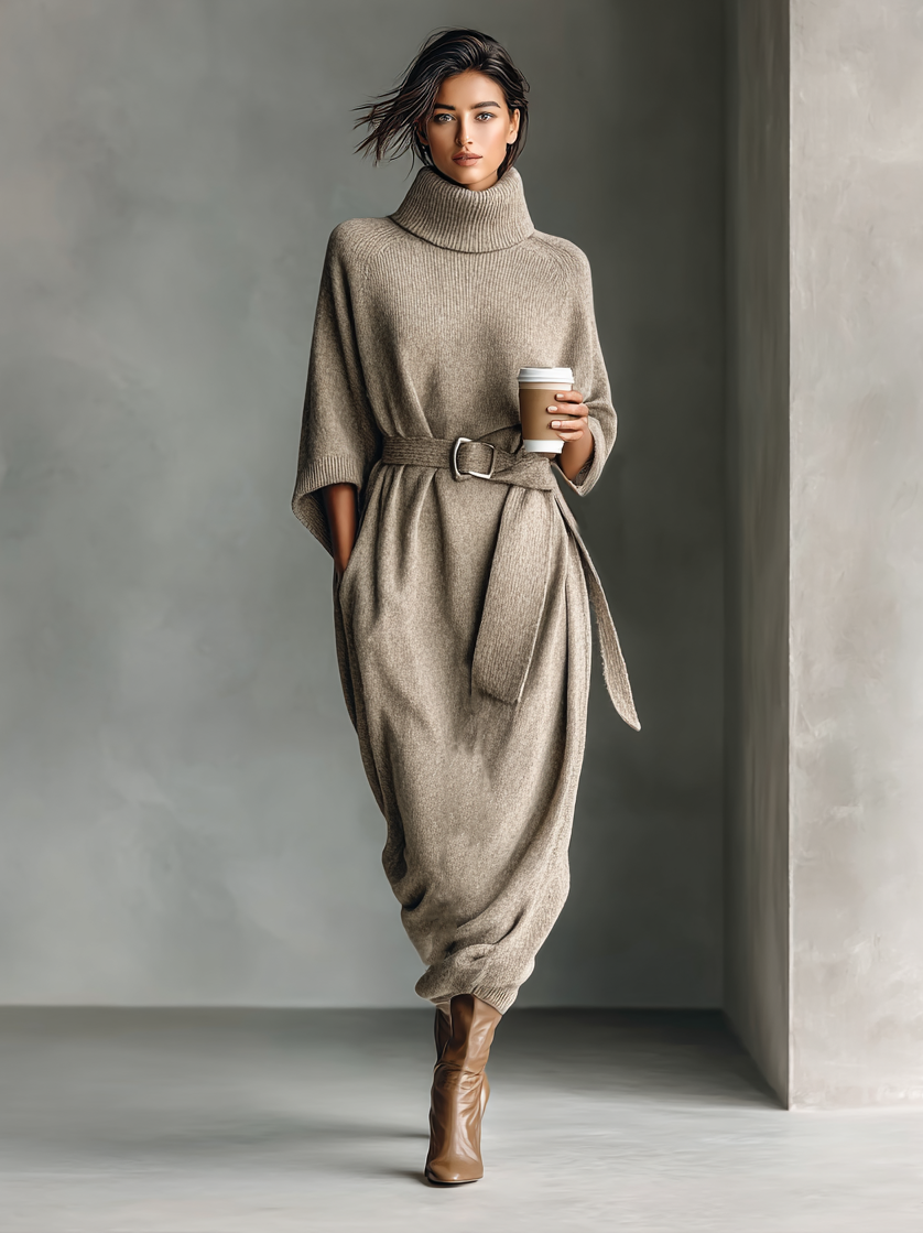Women's Minimalist Knitted High-neck Cape Sleeve Belt Maxi Dress MDA0592I3Y