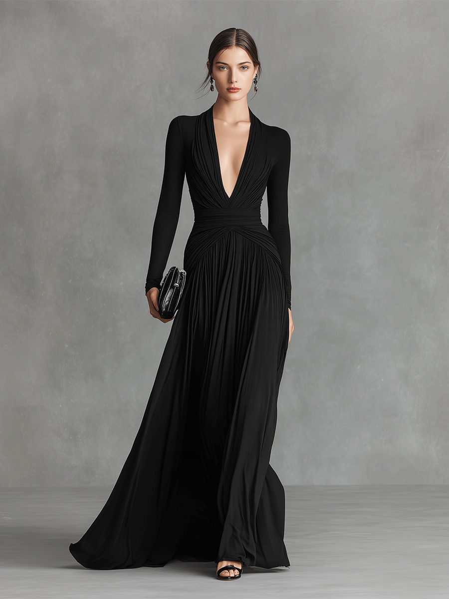 Women's Black Modern Flowy Crepe Plunging - V Maxi Gown MDA0416I2I