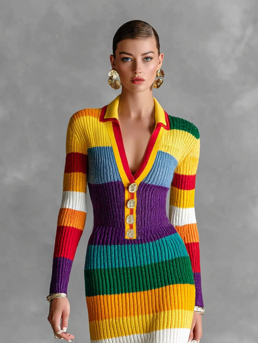 Women's Slim Lapel V-Neck Colorful Striped Knitted Midi Dress MDA2589H3Y