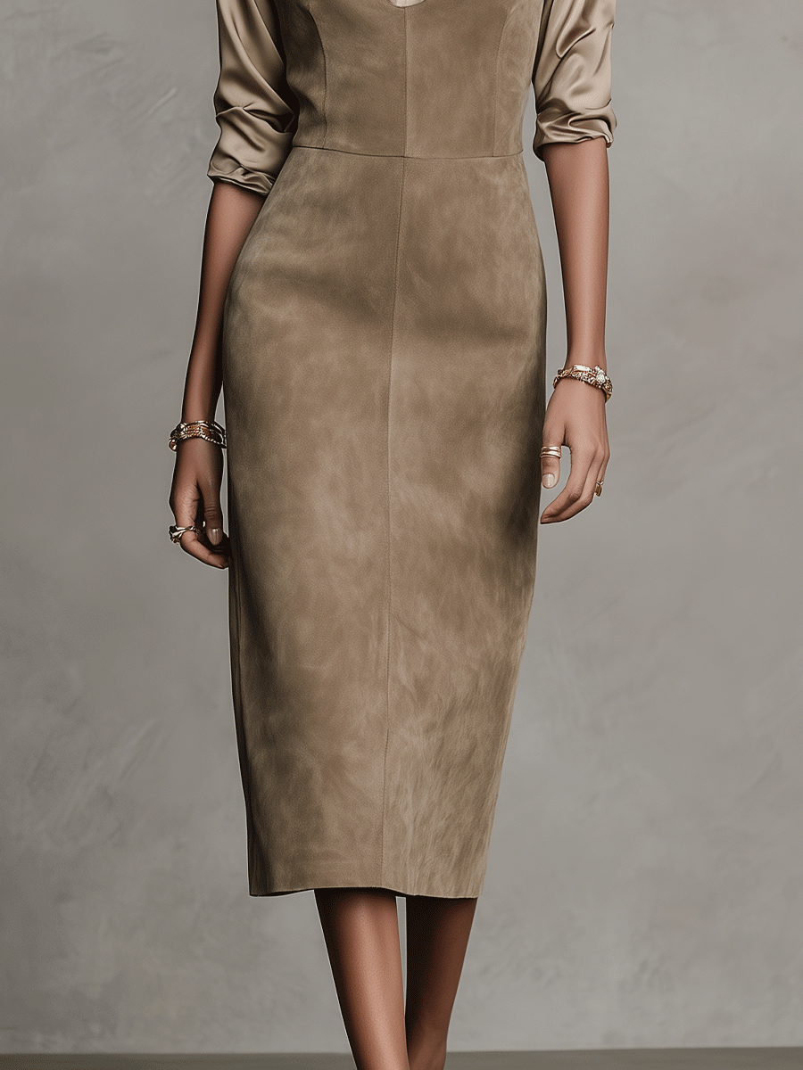 Women's Taupe Suede Vest Dress And Satin Shirt Two-Piece Set MDA0230I7I