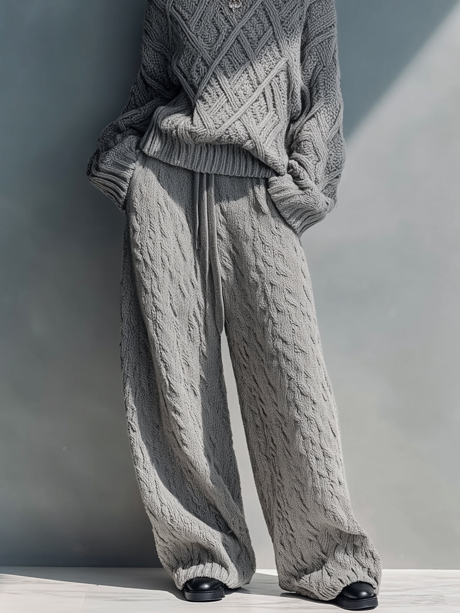 Women's Grey Cozy Knit Argyle - Patterned Sweater & Wide - Leg Lounge Pants Set MDA2616H6I
