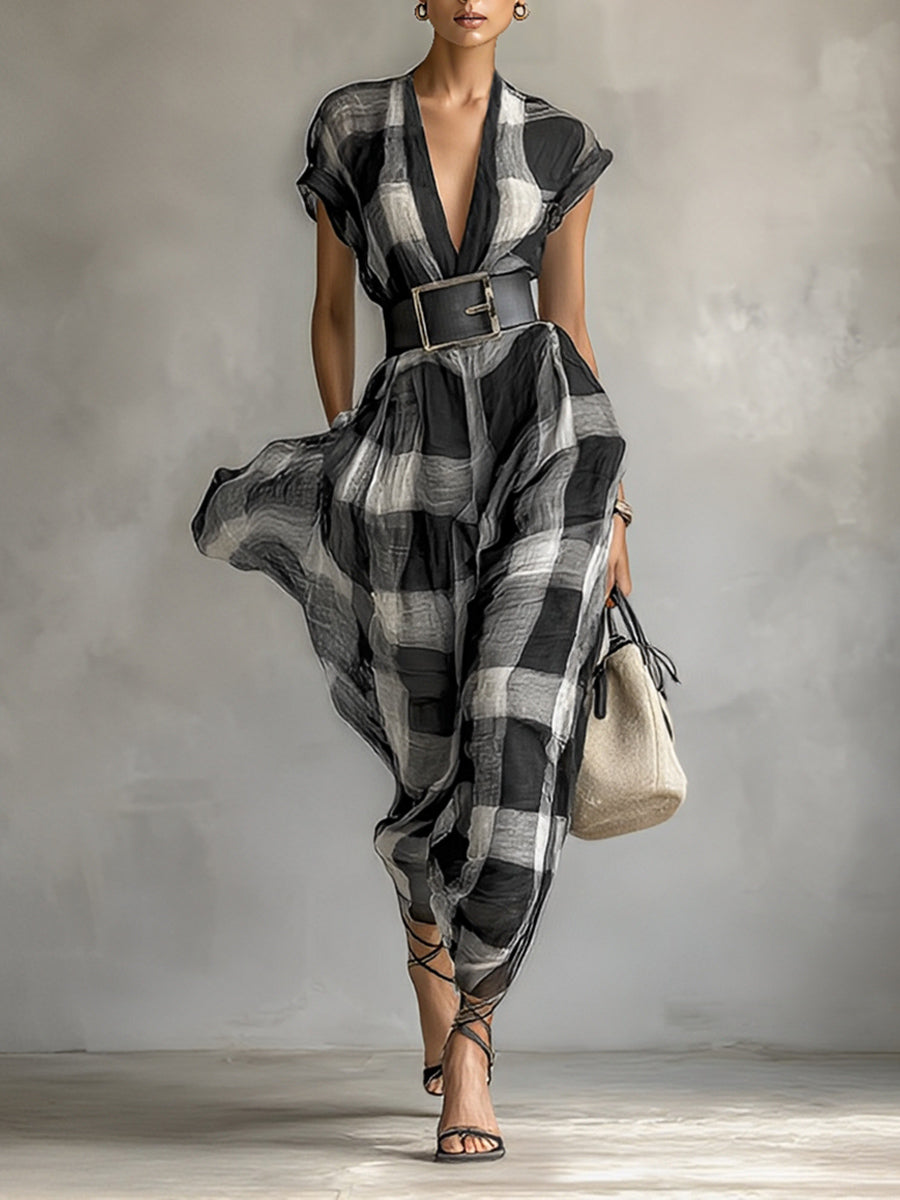 Women's Chiffon Plaid V-neck Cap Sleeve Belt Maxi Dress MDA1915G6Y