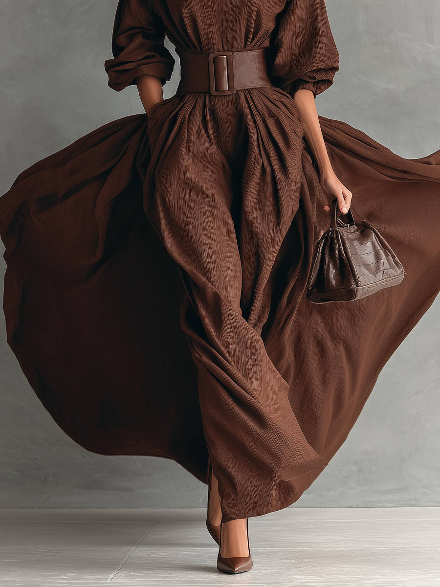 Women's Dark Brown Cotton Blend Pleated High Collar Loose Fashion Maxi Dress MDA0901I4T