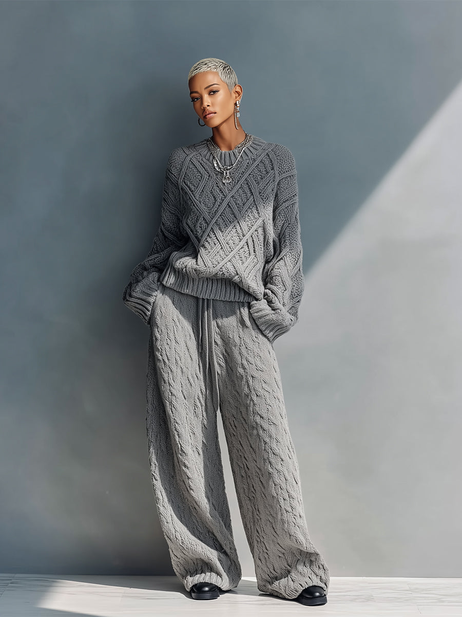 Women's Grey Cozy Knit Argyle - Patterned Sweater & Wide - Leg Lounge Pants Set MDA2616H6I