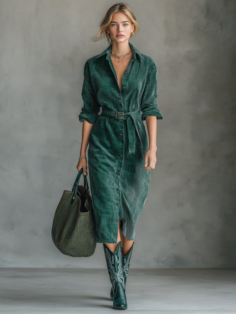 Women's Corduroy Single-Breasted Belted Shirt Midi Dress MDA0202I0Y