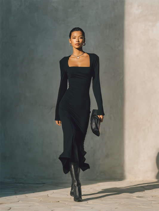 Women's Black Stretch Blend Minimalist Fit Maxi Dress MDA0644H0T