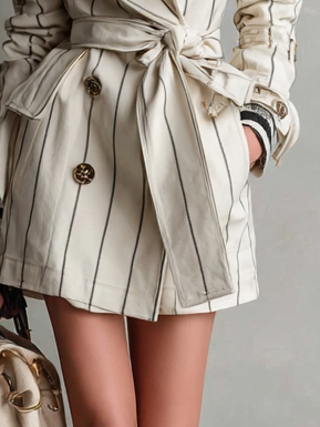 Women's Fashion Striped Double-Breasted Belted Short Trench Coat MDA2761H7Y
