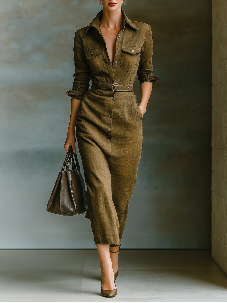Women's Olive Green Linen Shirt Collar Waisted Maxi Dress MDA0801I5T