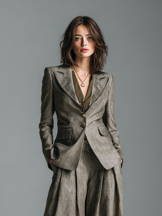 Women's Cotton And Linen Blend Lapel Blazer And Wide-Leg Pants Set MDA2538H6Y