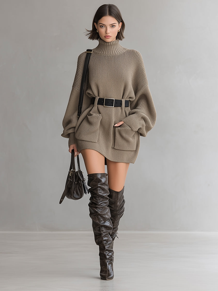 Women's Lazy Style High Collar Waist Sweater Dress MDA1012I3A
