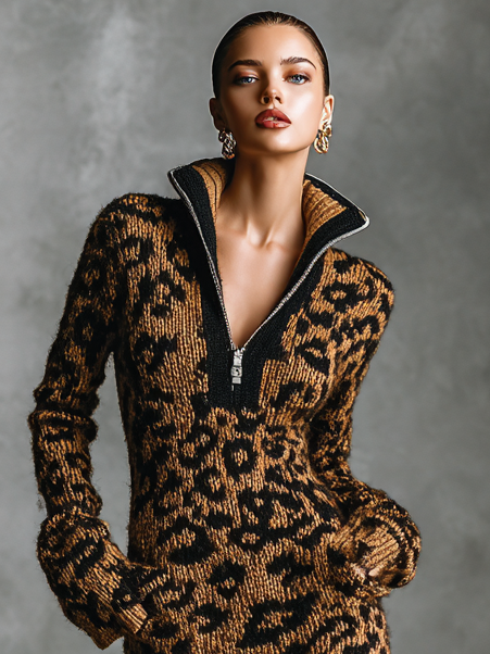 Women's Fashion Leopard Jacquard Knit Zipper Neck Midi Dress MDA2579H3Y
