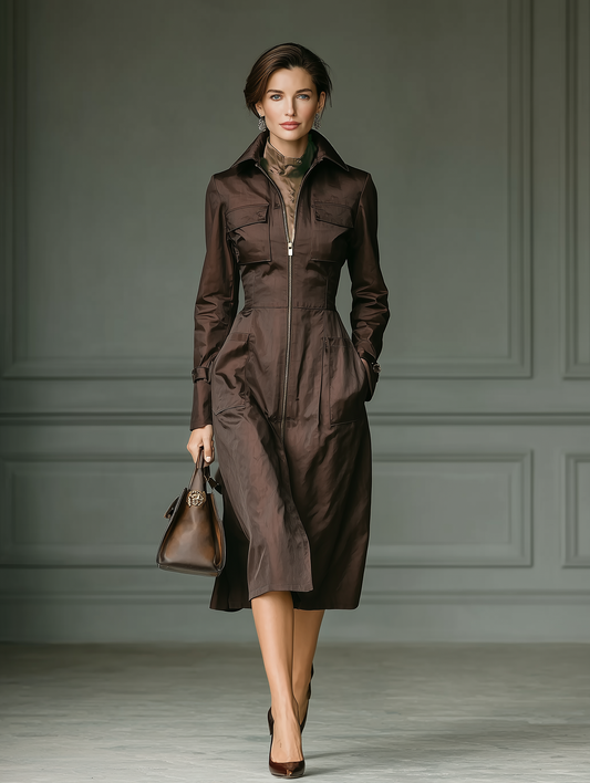 Women's Dark Brown Cotton Blend Waisted Versatile Trench Coat MDA2715H6T