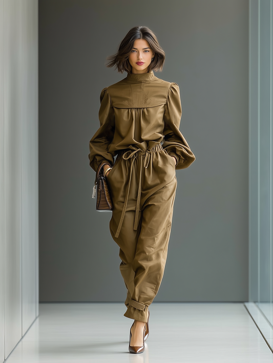 Women's Dark Khaki Top And Trousers Set MDA0469I2T