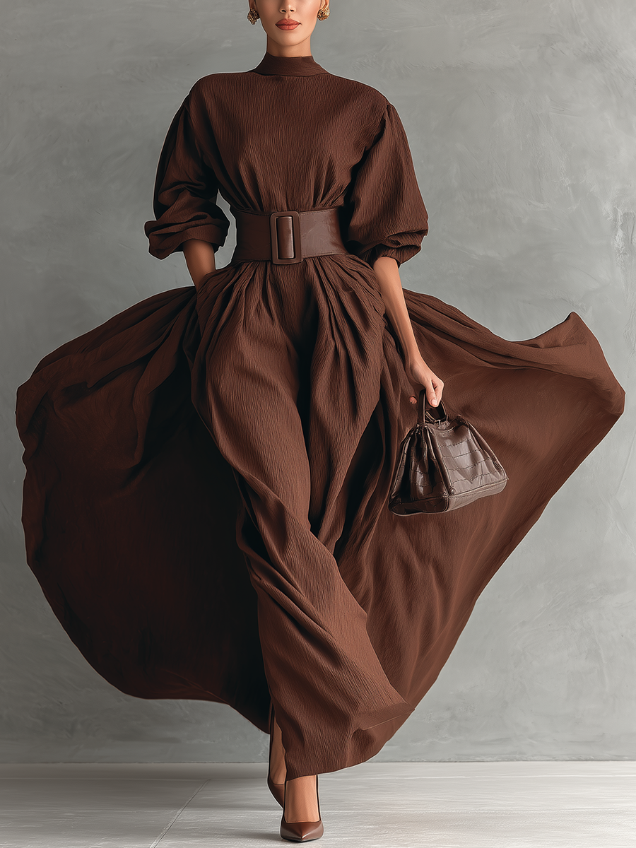 Women's Dark Brown Cotton Blend Pleated High Collar Loose Fashion Maxi Dress MDA0901I4T