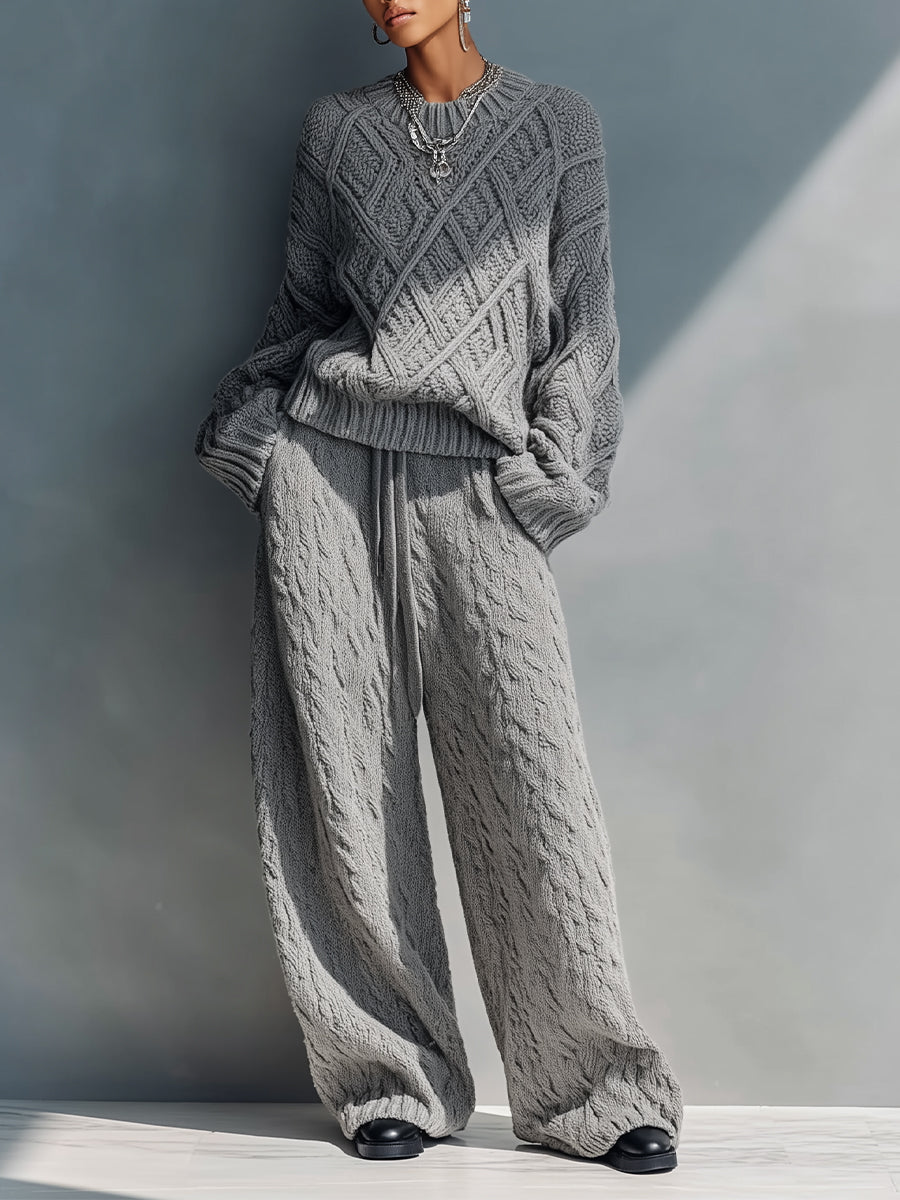 Women's Grey Cozy Knit Argyle - Patterned Sweater & Wide - Leg Lounge Pants Set MDA2616H6I