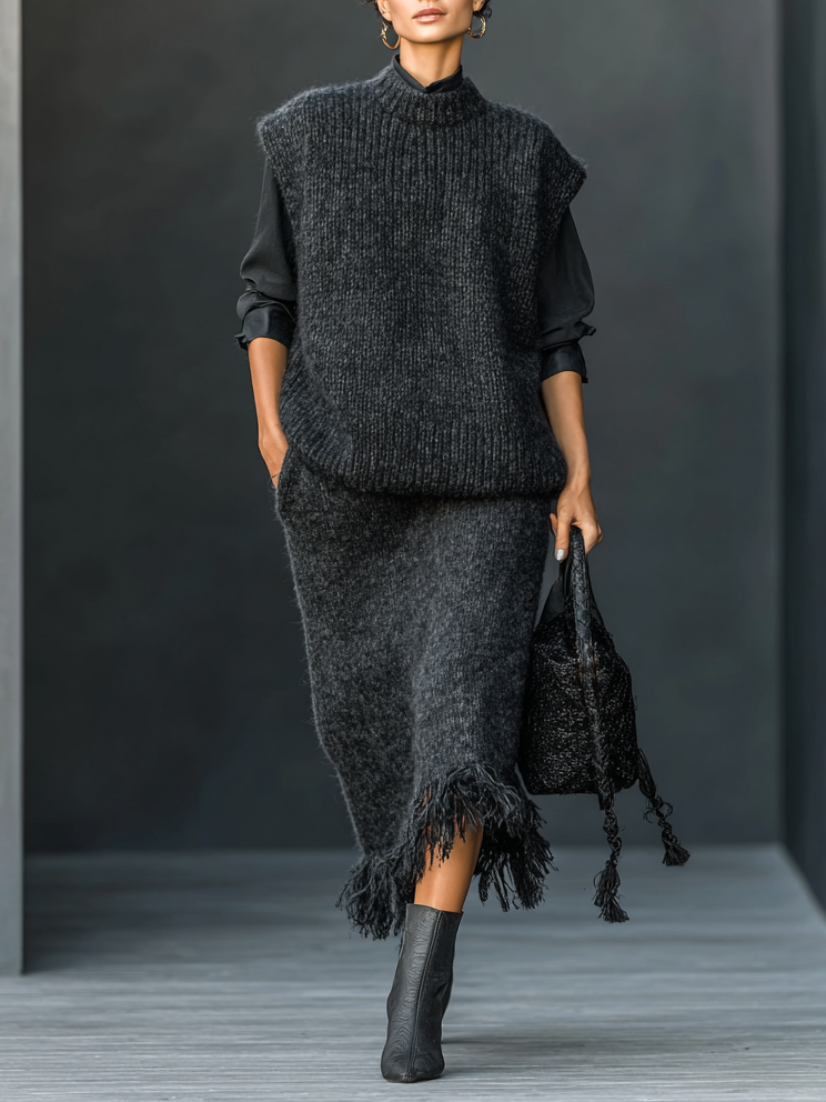 Women's Minimalist Round Neck Knitted Tank Skirt Tassel Hem Set (Without Shirt)MDA0546I9Y